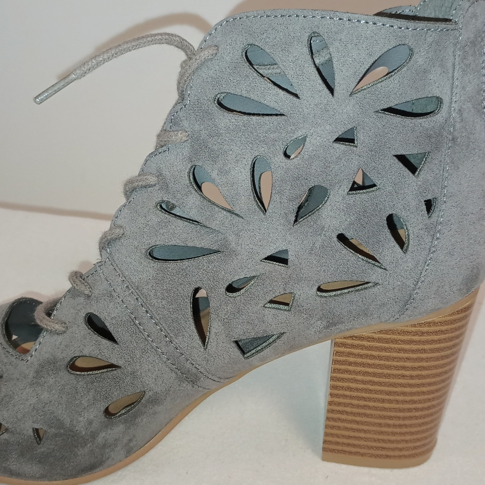 Gray and Brown Heeled Boots with Cutout Details